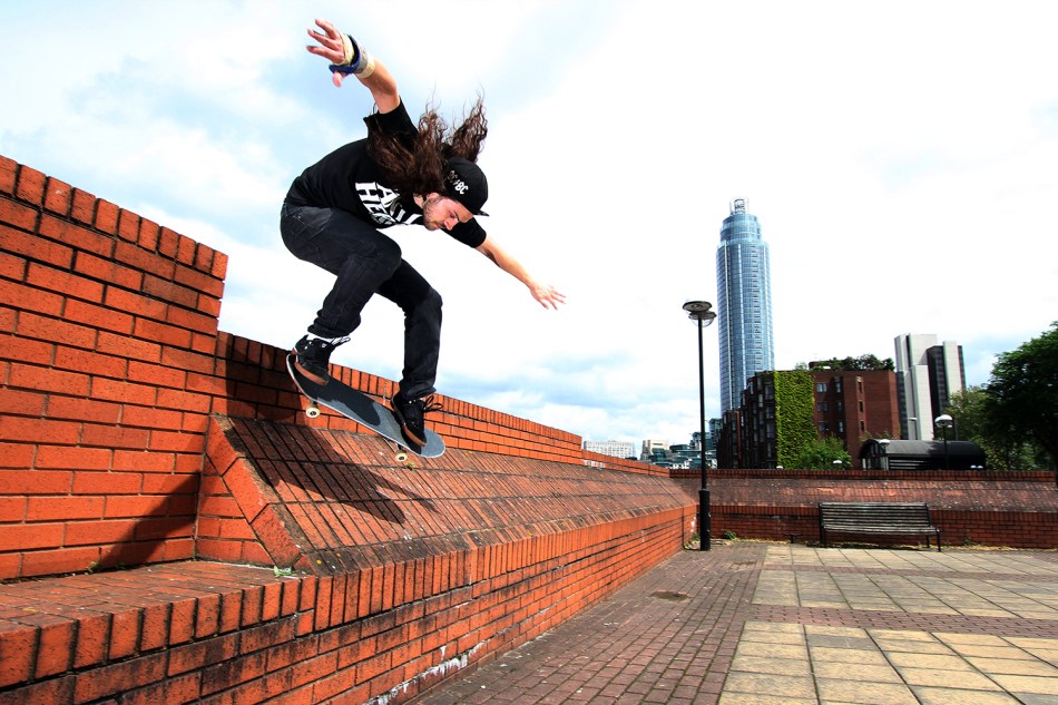 ollie into bank drop martin thomas london skateboarding flicknife clothing for skateboarding