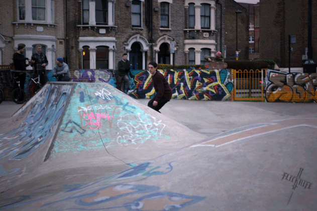 Joe Coward flicknife clothing for skateboarding stockwell skatepark photo copyright scott madill 2013